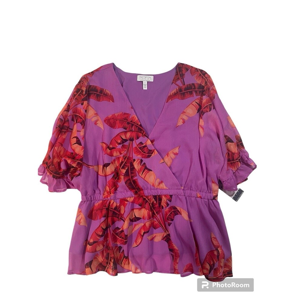 NWT: Sofia Jeans By Sofia Vergara Blouse Women Large Purple Floral V Neck Peplum